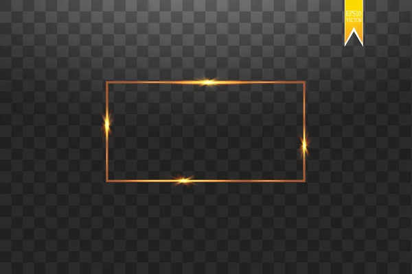 Golden frame with lights effects,Shining luxury banner vector illustration. Glow line golden frame with sparks and spotlight light effects. Shining rectangle banner isolated on black transparent — Stock Vector