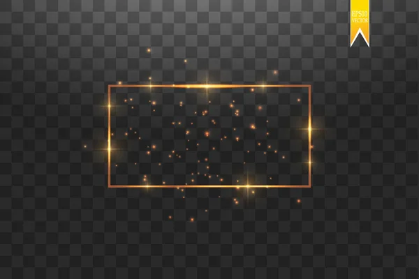 Moldura dourada com efeitos de luzes, ilustração de vetor de banner de luxo brilhante. Quadro dourado de linha brilhante com faíscas e efeitos de luz de holofotes. Banner retângulo brilhante isolado em preto transparente — Vetor de Stock