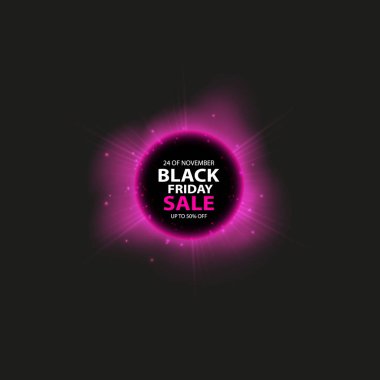 Posteri veya başlığı siyah Cuma satış ve toplam güneş tutulması. Siyah arka plan üzerinde kırmızı ışık etkisi ile renkli daire parlayan. Alışveriş için tasarım şablonu