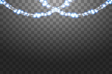 Mavi çelenk, Festival süsleri kümesi. Parlak Noel ışıkları üzerinde şeffaf arka plan izole. Mavi ışıklar