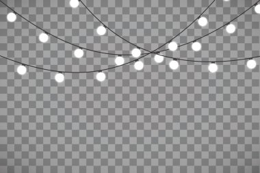 Şeffaf arka planda izole edilmiş Noel ışıkları. Parlayan Xmas çelengi. Vektör illüstrasyonu