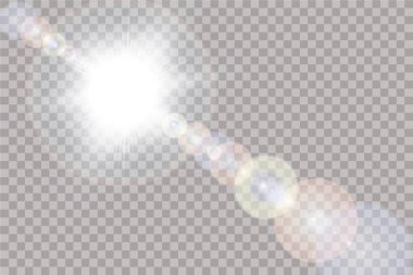 Vektör şeffaf güneş ışığı özel lens flare ışığı efekti. Saydam arka plan üzerinde izole güneş