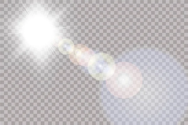 Vecteur de lumière solaire transparente effet de lumière torche lentille spéciale. Soleil isolé sur fond transparent — Image vectorielle