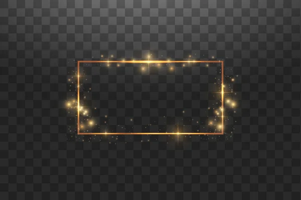 Χρυσό πλαίσιο με εφέ φωτός, Λαμπερή πολυτελή εικονογράφηση διάνυσμα banner. Λαμπερό χρυσό πλαίσιο γραμμή με σπινθήρες και φώτα φώτα της δημοσιότητας εφέ. Λαμπερό ορθογώνιο banner απομονωμένο σε μαύρο διαφανές — Διανυσματικό Αρχείο