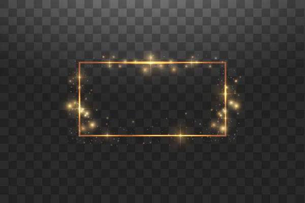 Moldura dourada com efeitos de luzes, ilustração de vetor de banner de luxo brilhante. Quadro dourado de linha brilhante com faíscas e efeitos de luz de holofotes. Banner retângulo brilhante isolado em preto transparente — Vetor de Stock