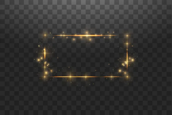 Χρυσό πλαίσιο με εφέ φωτός, Λαμπερή πολυτελή εικονογράφηση διάνυσμα banner. Λαμπερό χρυσό πλαίσιο γραμμή με σπινθήρες και φώτα φώτα της δημοσιότητας εφέ. Λαμπερό ορθογώνιο banner απομονωμένο σε μαύρο διαφανές — Διανυσματικό Αρχείο