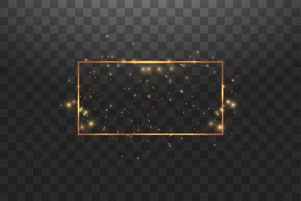 Goldener Rahmen mit Lichteffekten, Leuchtende luxuriöse Bannervektorillustration. Glow line goldener Rahmen mit Funken und Scheinwerferlichteffekten. Leuchtendes Rechteck-Banner isoliert auf schwarzem Transparent — Stockvektor