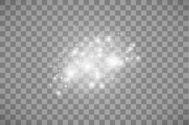 Parlama ışık efekti. Vektör çizim. Noel flash kavramı. Vektör beyaz glitter dalga soyut çizim. Beyaz yıldız tozu köpüklü parçacıkları üzerinde şeffaf arka plan izole trail. Magic