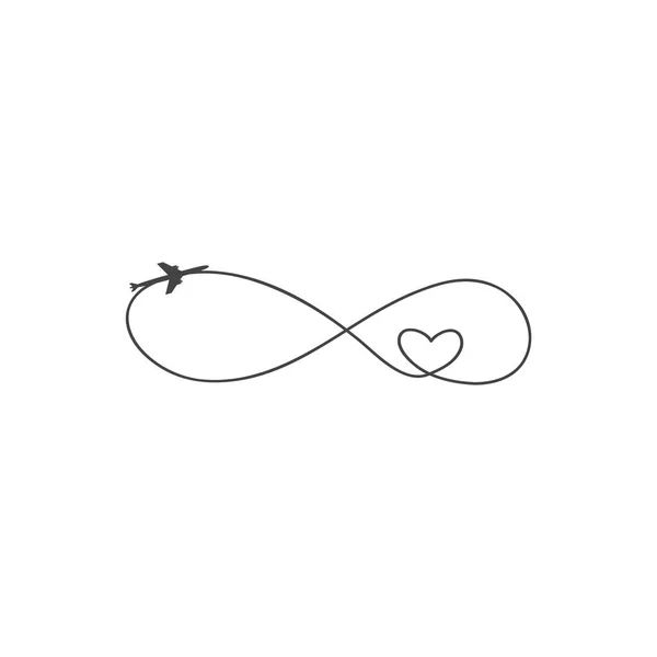 Sík és a pálya jeleként az infinity és a szív, a fehér háttér előtt. Vektoros illusztráció. Repülőgép repülési útvonal és az útvonal — Stock Vector