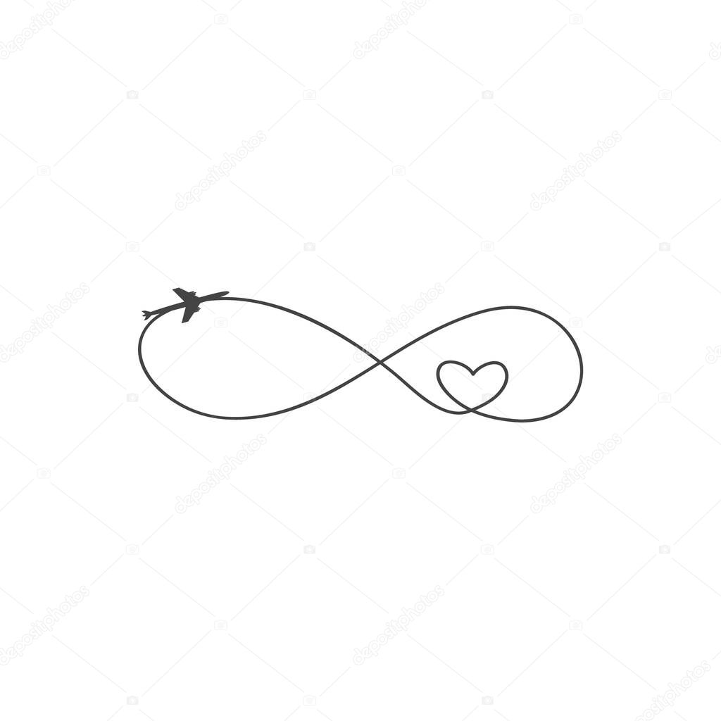 Plane and its track as a sign of infinity and heart on white background. Vector illustration. Aircraft flight path and its route