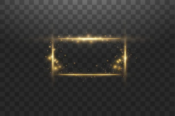 Golden frame with lights effects,Shining luxury banner vector illustration. Glow line golden frame with sparks and spotlight light effects. Shining rectangle banner isolated on black transparent — Stock Vector