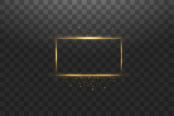 Gouden frame met lichteffecten, glanzende luxe banner vector illustratie. Glow line gouden frame met vonken en schijnwerpers effecten. Schijnende rechthoek banner geïsoleerd op zwart transparant — Stockvector