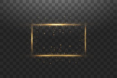 Işık efektli altın çerçeve, ışıltılı lüks afiş vektör illüstrasyonu. Işık efektleri ve kıvılcımlarla parıldayan altın çerçeve. Parlak dikdörtgen pankart siyah şeffaf üzerinde izole