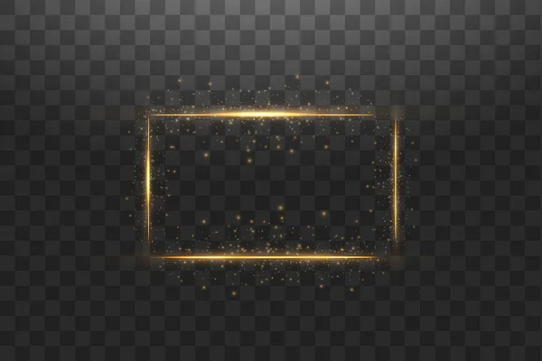 Gouden frame met lichteffecten, glanzende luxe banner vector illustratie. Glow line gouden frame met vonken en schijnwerpers effecten. Schijnende rechthoek banner geïsoleerd op zwart transparant — Stockvector