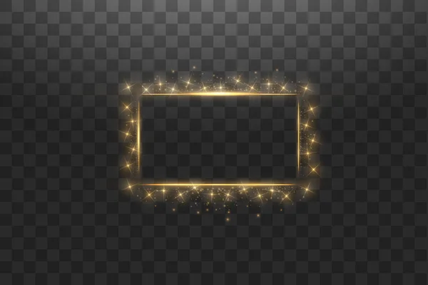 Gouden frame met lichteffecten, glanzende luxe banner vector illustratie. Glow line gouden frame met vonken en schijnwerpers effecten. Schijnende rechthoek banner geïsoleerd op zwart transparant — Stockvector