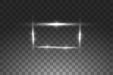 Işıklar efektleri ile beyaz çerçeve. Shining lüks afiş vektör illüstrasyon. Kıvılcım ve spot ışık efektleri ile Glow çizgi beyaz çerçeve. Siyah şeffaf üzerinde izole dikdörtgen Banner parlayan