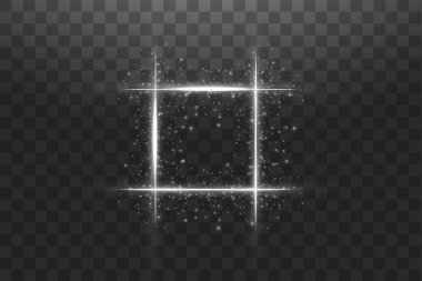 Beyaz kare ışık efektleri ile. Shining lüks afiş vektör illüstrasyon. Kıvılcım ve spot ışık efektleri ile Glow çizgi beyaz çerçeve. Siyah şeffaf üzerinde izole kare Banner Shining