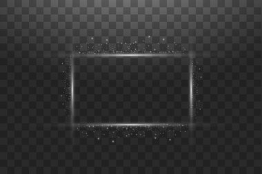 Işıklar efektleri ile beyaz çerçeve. Shining lüks afiş vektör illüstrasyon. Kıvılcım ve spot ışık efektleri ile Glow çizgi beyaz çerçeve. Siyah şeffaf üzerinde izole dikdörtgen Banner parlayan