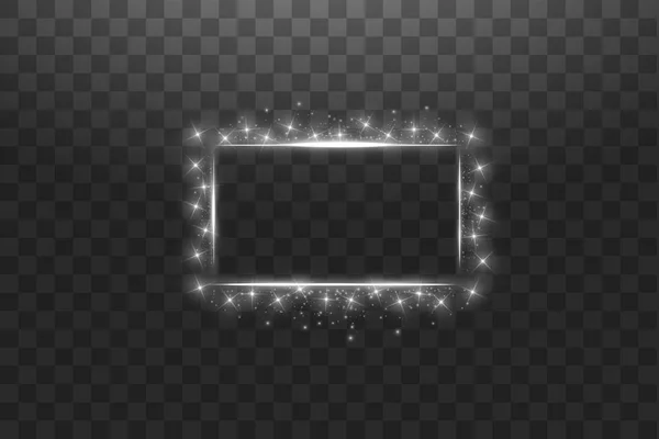 Marco blanco con efectos de luces. Ilustración de vectores de banner de lujo brillante. Marco blanco de la línea del resplandor con chispas y efectos de luz del proyector. Banner rectángulo brillante aislado en negro transparente — Vector de stock