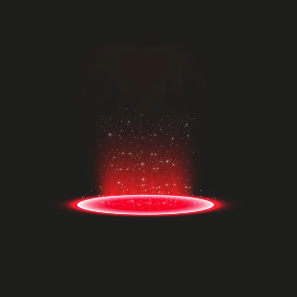 Futuristic teleport. Magic fantasy portal. Light effect. Red candles rays of a night scene with sparks on a transparent background. Empty light effect of the podium. Disco club dancefloor. — Stock Vector