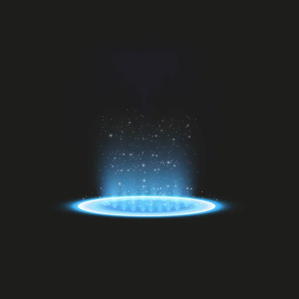 Teletransporte futurista. Portal de fantasía mágica. Efecto luz. Velas azules rayos de una escena nocturna con chispas sobre un fondo transparente. Efecto luminoso vacío del podio. Discoteca pista de baile . — Vector de stock