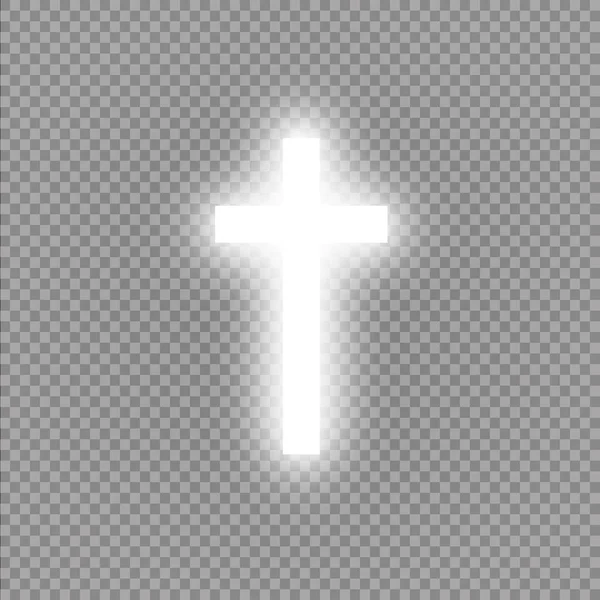 Сияющий белый крест на прозрачном фоне. Светящийся святой крест. Векторная иллюстрация — стоковый вектор
