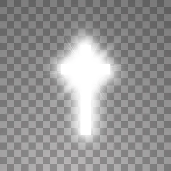 Brillante cruz blanca sobre fondo transparente. Santa cruz resplandeciente. Ilustración vectorial — Archivo Imágenes Vectoriales