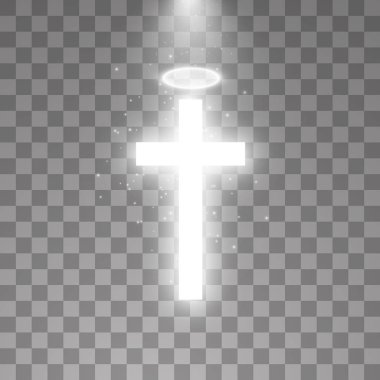 Beyaz haç ve beyaz halo melek halka şeffaf arka plan üzerinde parlayan. Parlayan saint çapraz. Vektör çizim