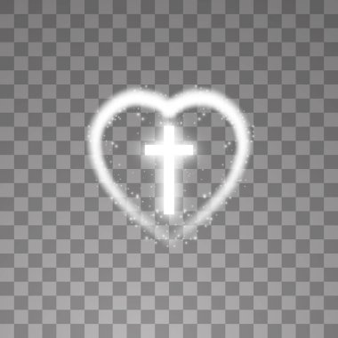 Saydam arka plan üzerinde parlayan beyaz haç kalp ile. Parlayan saint çapraz. Vektör çizim