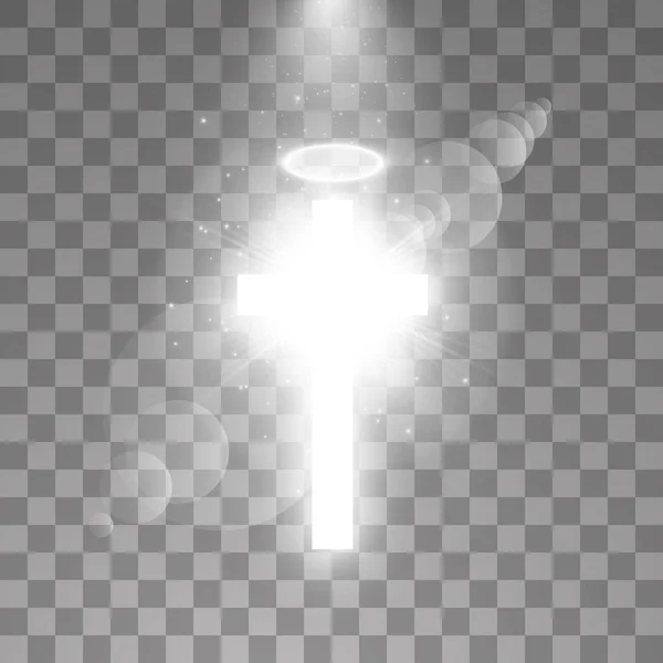 Bersinar salib putih dan lingkaran halo malaikat putih dan cahaya matahari Efek suar lensa khusus cahaya pada latar belakang transparan. Bersinar salib suci. Ilustrasi vektor - Stok Vektor
