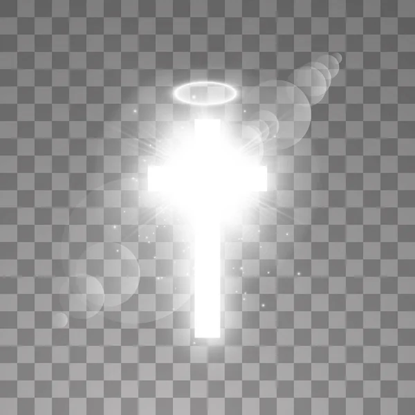 Glanzende witte kruis en witte halo engel ring en zonlicht speciale lens flare lichteffect op transparante achtergrond. Gloeiende Sint Kruis. Vectorillustratie — Stockvector