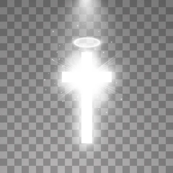 Glanzende witte kruis en witte halo engel ring en zonlicht speciale lens flare lichteffect op transparante achtergrond. Gloeiende Sint Kruis. Vectorillustratie — Stockvector