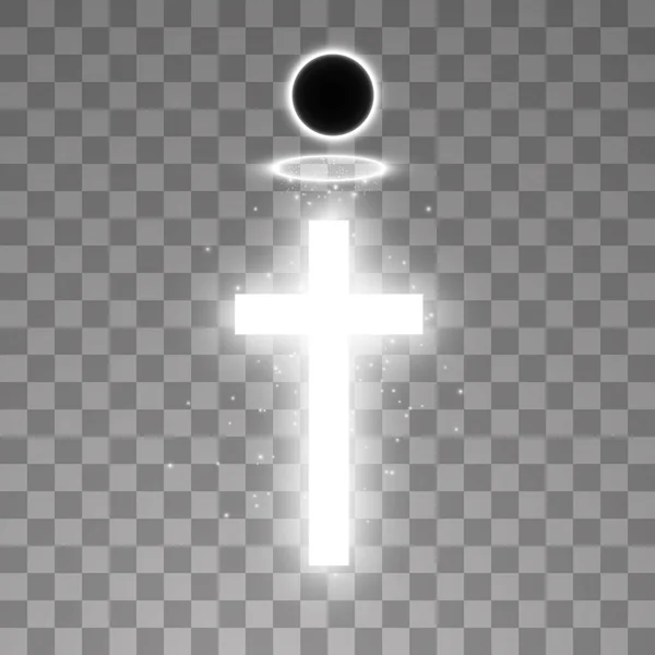 Сияющий белый крест и белый ореол ангела кольцо и полное солнечное затмение на прозрачном фоне. Светящийся святой крест. Векторная иллюстрация — стоковый вектор