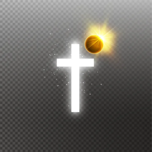 Сияющий белый крест и полное солнечное затмение на прозрачном фоне. Светящийся святой крест. Векторная иллюстрация — стоковый вектор