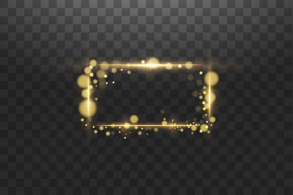 Marco dorado con efectos de luces, ilustración de vectores de banner de lujo brillante. Marco dorado de la línea del resplandor con chispas y efectos de luz del proyector. Banner rectángulo brillante aislado en negro transparente — Vector de stock