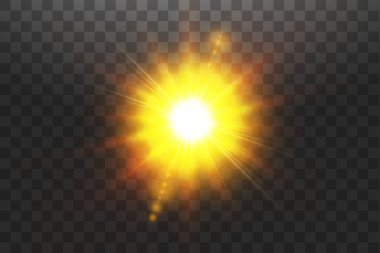 Vektör şeffaf güneş ışığı özel lens flare ışığı efekti. Saydam arka plan üzerinde izole güneş. Parlama ışık efekti