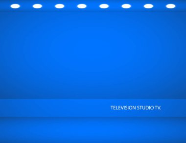 Stüdyo arka plan. Tasarım, Spotlight için vektör boş mavi stüdyo. Vektör grafikleri. Boş parlak renk stüdyosu tablo, reklam için afiş. Vektör Illustration. TV stüdyosu