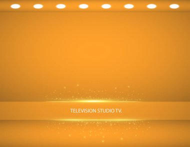 Stüdyo arka plan. Tasarım, Spotlight için vektör boş altın stüdyo. Vektör grafikleri. Boş parlak renk stüdyosu tablo, reklam için afiş. Vektör Illustration. TV stüdyosu