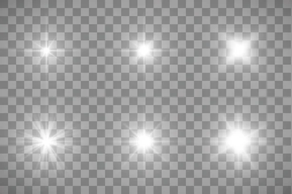 Sada Vektorových zářících světelných efektů vybuchuje jiskry na průhledném pozadí. Průhledné hvězdy — Stockový vektor
