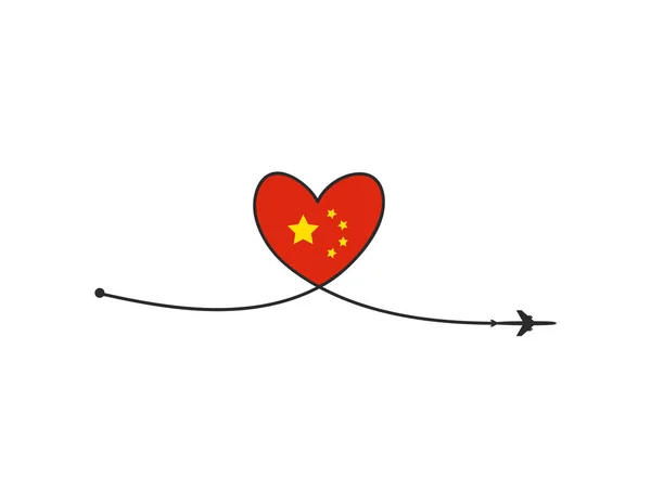 Avião e sua trilha na forma de um coração e bandeira da China em fundo branco. Ilustração vetorial. Pista de voo da aeronave e sua rota — Vetor de Stock