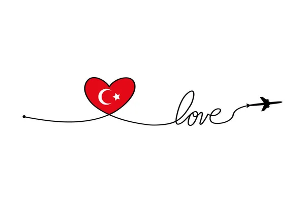 विमान और सफेद पृष्ठभूमि पर एक दिल और तुर्की ध्वज के आकार में इसका ट्रैक। सदिश चित्र। विमान उड़ान पथ और इसका मार्ग — स्टॉक वेक्टर