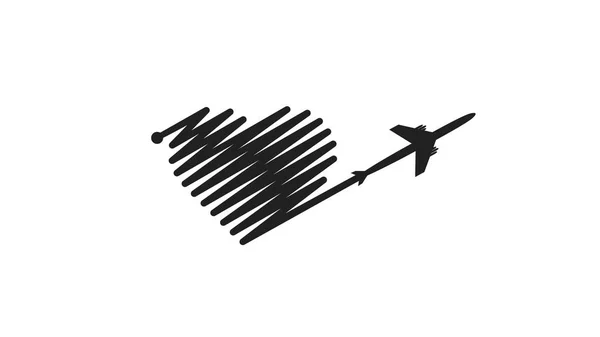 Flugzeug und seine Bahn in Herzform auf weißem Hintergrund. Vektorillustration. Flugbahn und Flugroute — Stockvektor