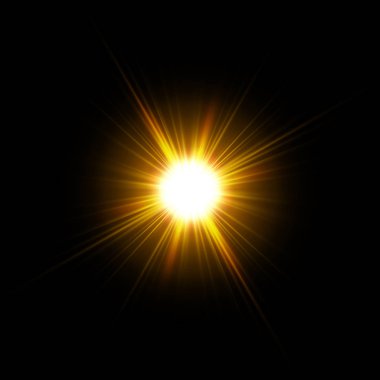 Vektör güneş ışığı özel lens parlama ışık efekti. Güneş siyah arka plan üzerinde izole. Işıltı ışık efekti