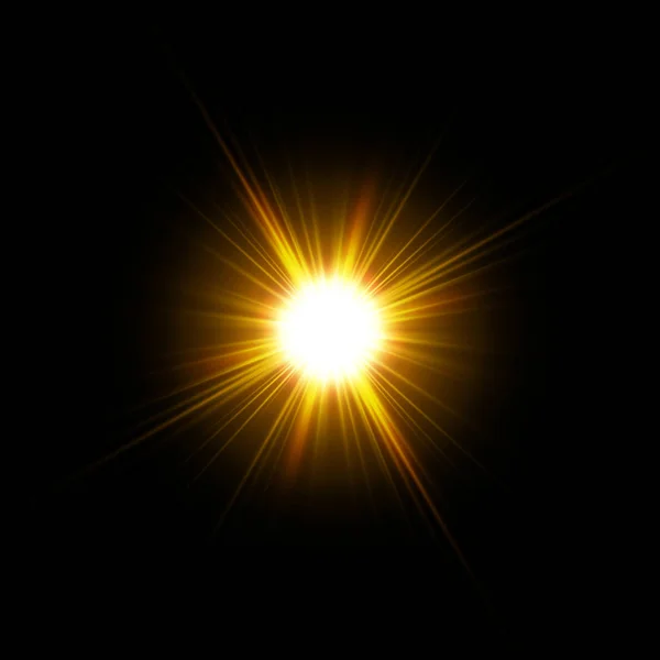 Luz solar vetorial efeito de luz de erupção de lente especial. Sol isolado sobre fundo preto. Efeito de luz brilhante — Vetor de Stock