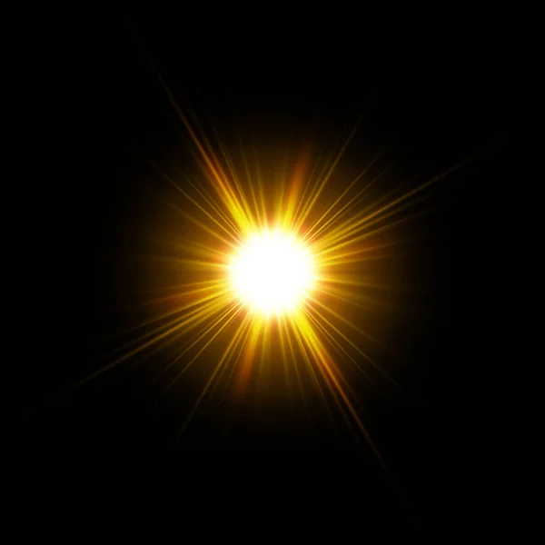 Vektör güneş ışığı özel lens parlama ışık efekti. Güneş siyah arka plan üzerinde izole. Işıltı ışık efekti