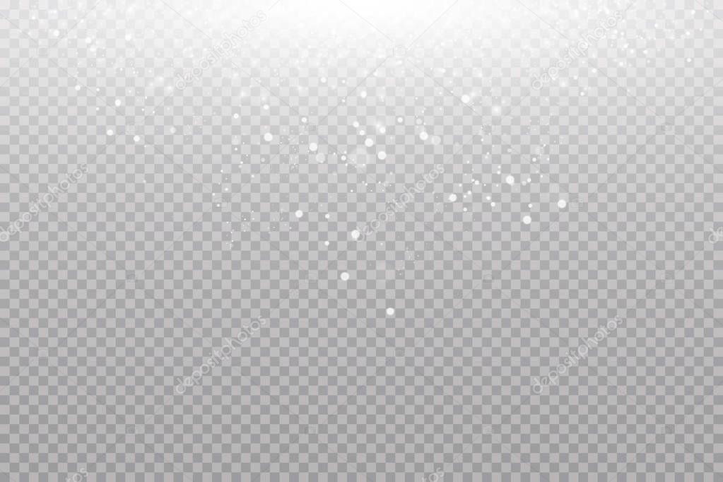 Glow light effect. Vector illustration. Christmas flash dust. White sparks and glitter special light effect. Vector sparkles on transparent background. Sparkling magic dust particles