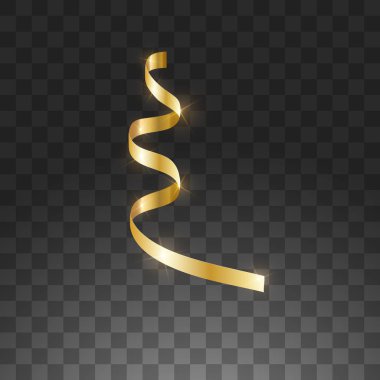 Parlayan asılı kıvırcık serpantin. Altın sarımetalik renk Yeni Yıl Noel dekorasyon tasarım elemanı altın streamer şeffaf arka plan üzerinde izole. Vektör çizimi