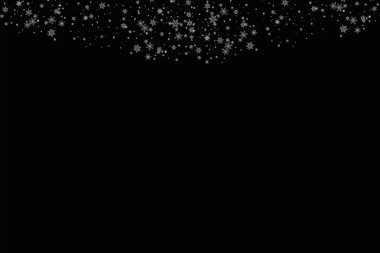 Gerçekçi düşen kar taneleri. Siyah arka planda izole edilmiş. Vektör illüstrasyonu