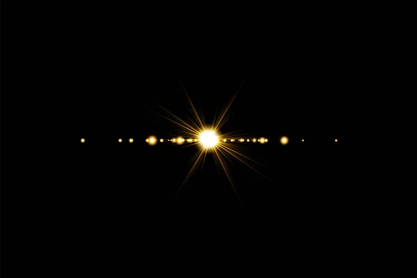황금색밝은 밝은 밝은 렌즈 섬광이 흑색 배경 위에서의 변화를 위해 새어 나간다 — 스톡 벡터