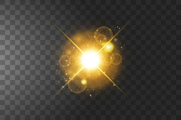 Shining golden stars isolated on black background. Effects, glare, lines, glitter, explosion, golden light. Vector illustration. — Stock Vector